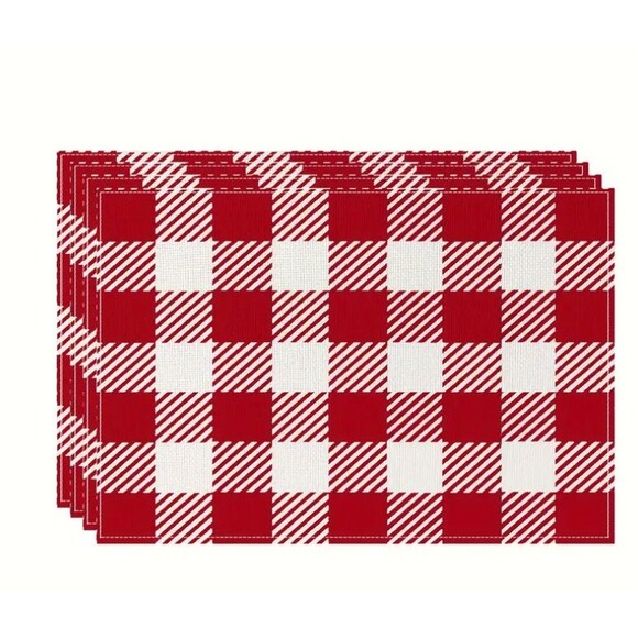 4 Piece Placemat Set 12x18in Red and White Check - Picture 1 of 1